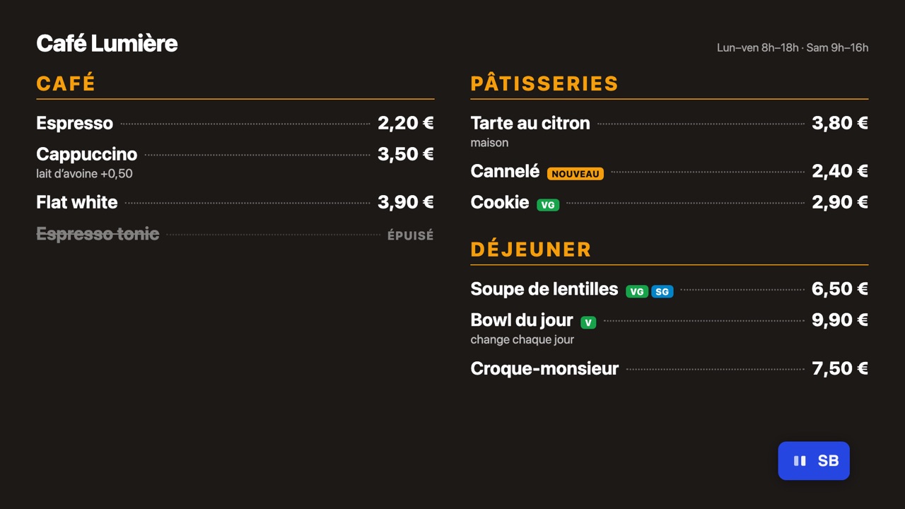 Affichage dynamique pour restaurant, modifiable depuis votre téléphone